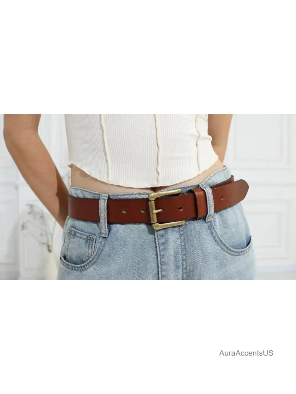 Italian Full Grain Leather Belt with Metal Buckle, Adjustable 7 Holes